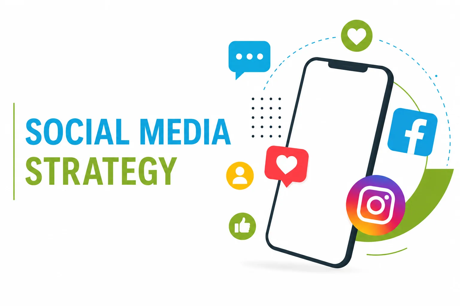 Social media strategy graphic with social media icons, engagement symbols, and content strategy visuals